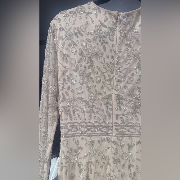 Mac Duggal Beige Beaded Tea Length Dress w/ Sheer Sleeves - Picture 6 of 14